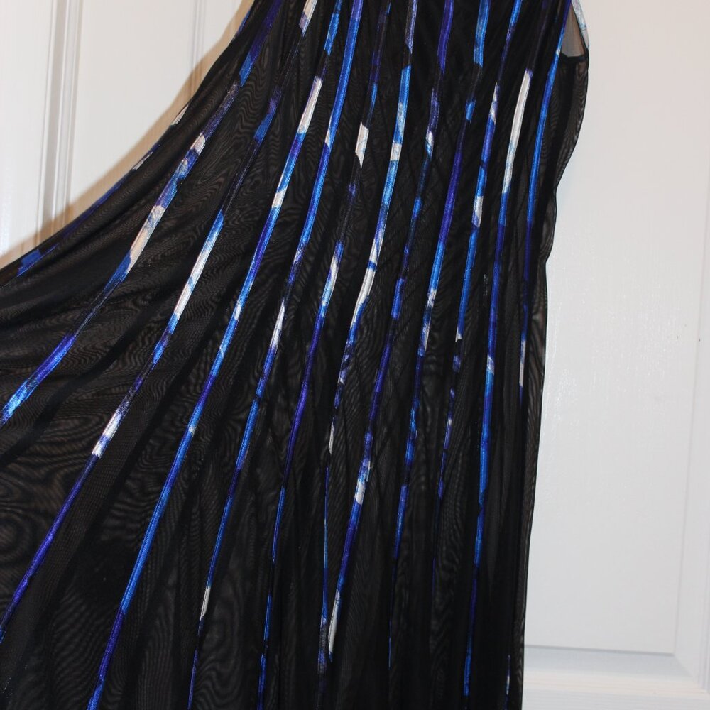 Striped BlueTone sheer overlay Swing style Cocktail Dress  black lining size L